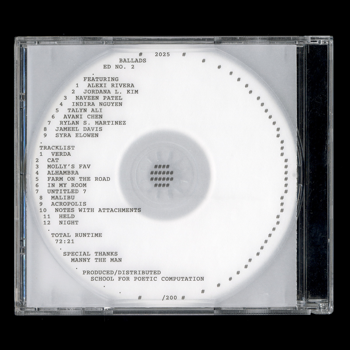 CD case, backside, for the School for Poetic Computation